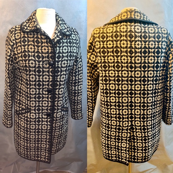 Vintage Wool Car Coat Tapestry Black White S / M - Picture 4 of 9